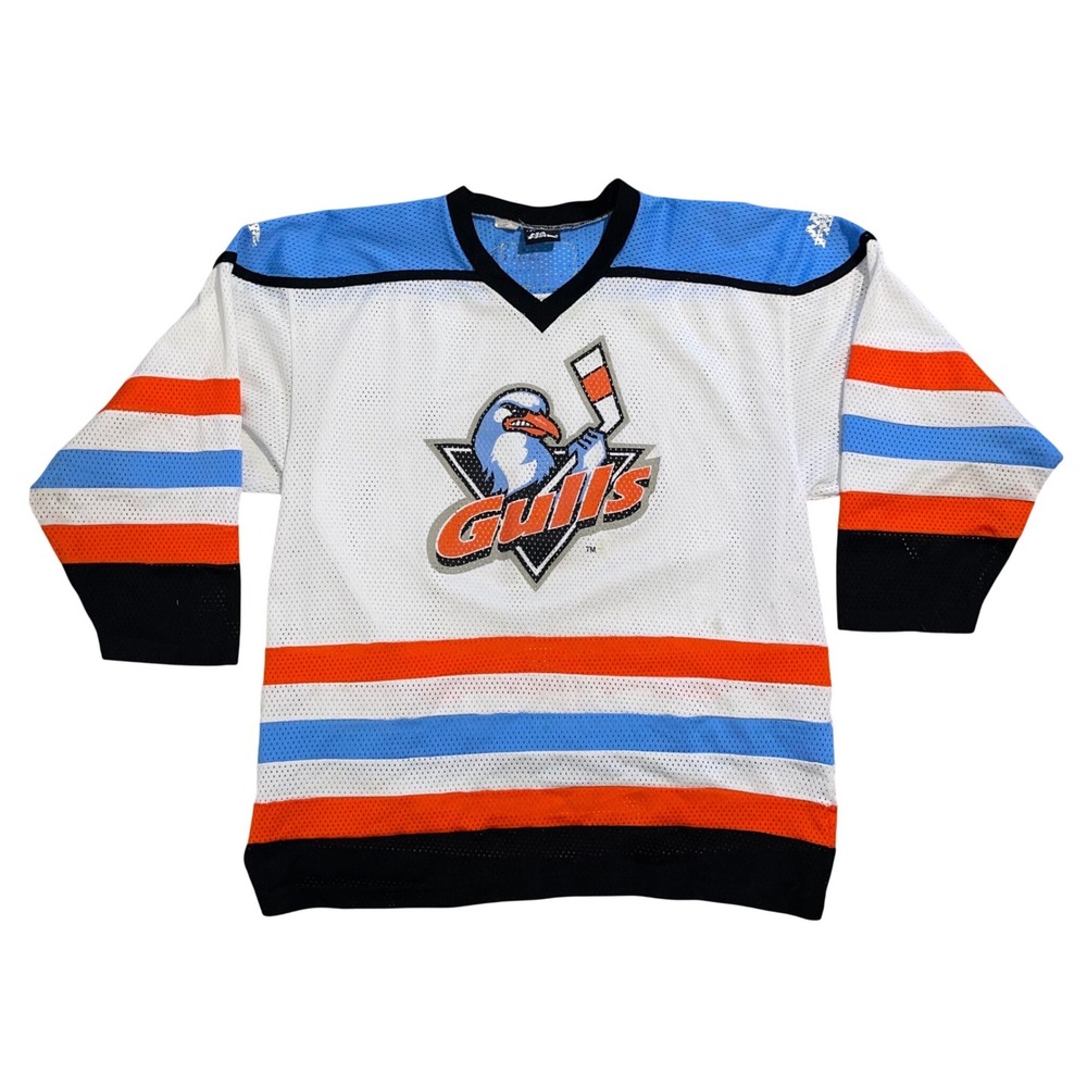 Vintage No Fear San Diego Gulls Hockey Jersey Mens Large White Blue Orange 90s